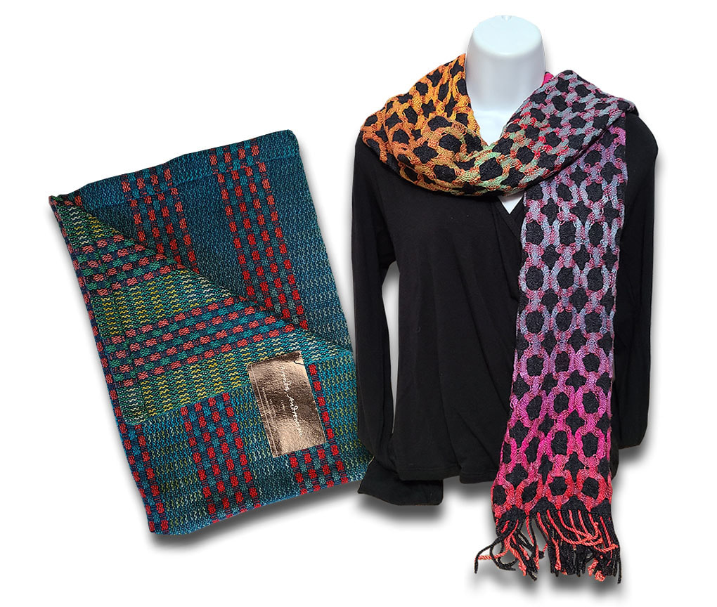 Brenda Andrewson woven hand towel and bright geometric woven scarf.