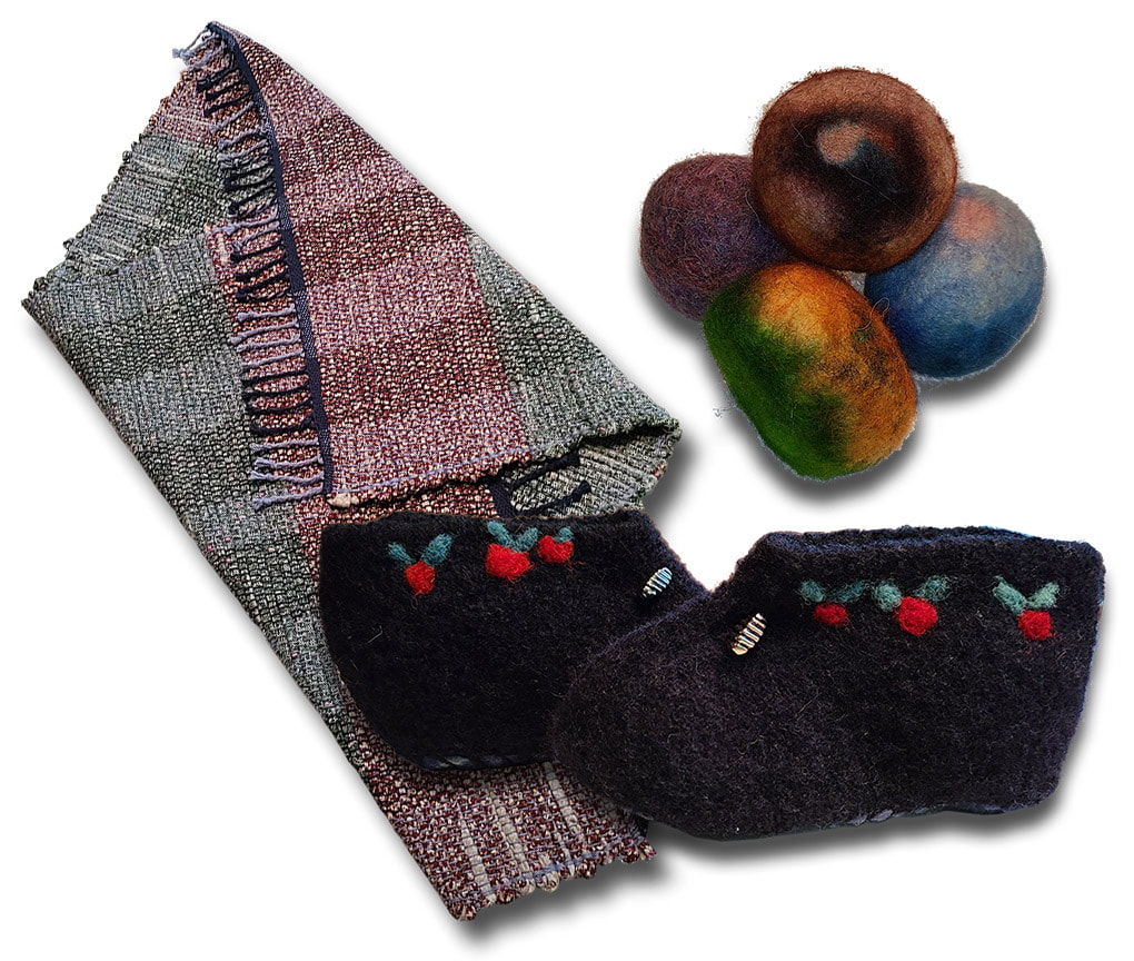 Connie Cogger woven rug, felted slippers and felted dryer balls.