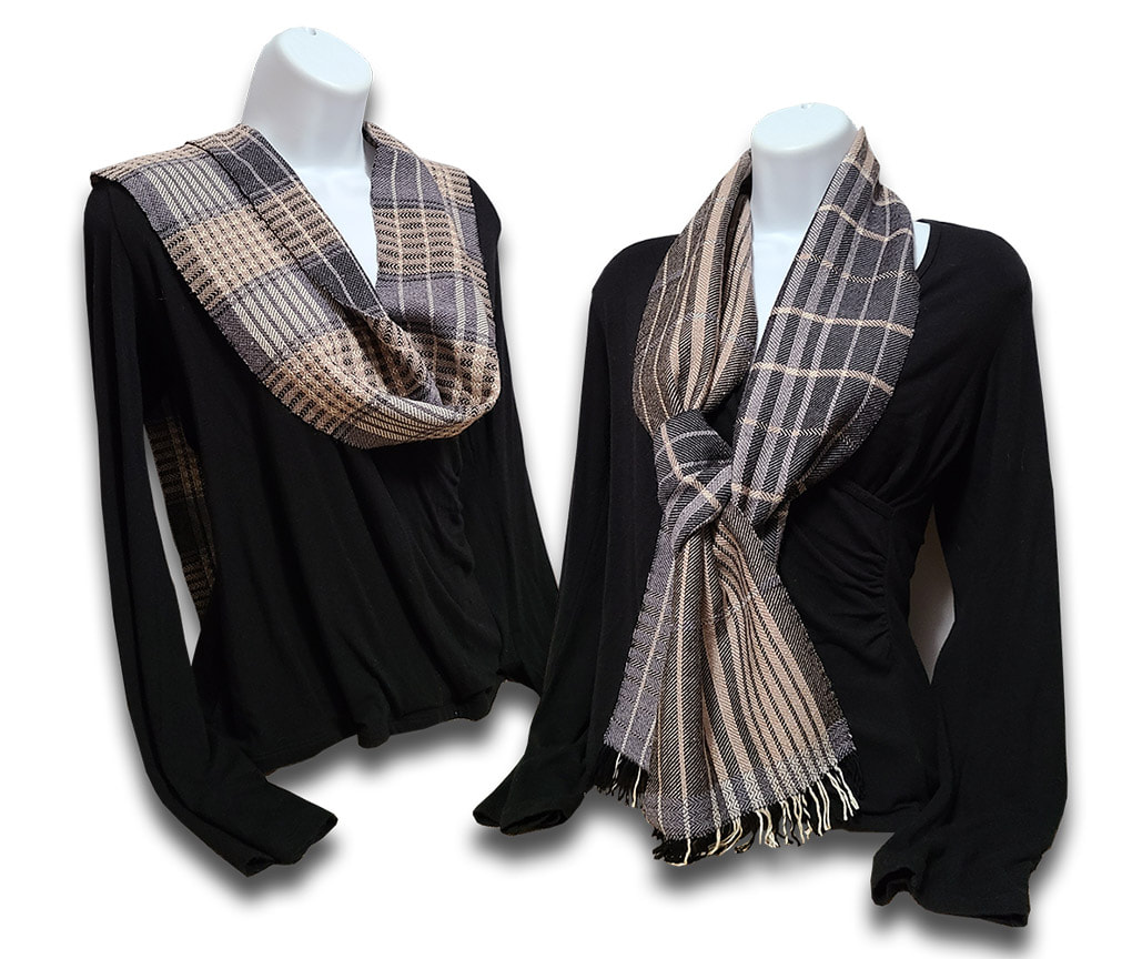 Nancy Sandstrom woven scarves in natural tones.
