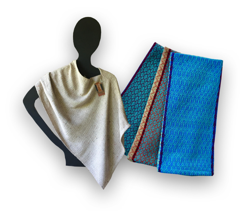 Sara Mustonen woven scarf and bright woven hand towels.