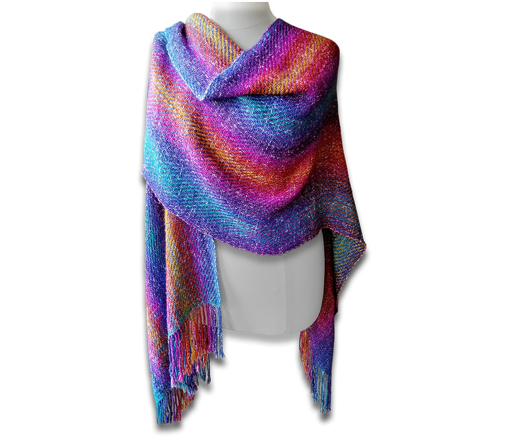 Nikki Schultz woven shawl in bright colors. 